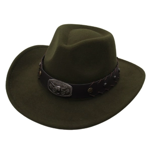Dark green western cowboy hat with leather band and vintage silver bull head buckle