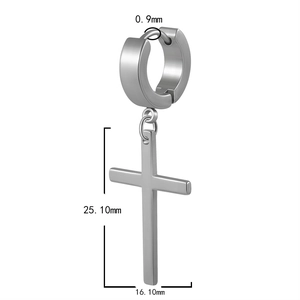Detail view of silver stainless steel cross earring with precise size measurements