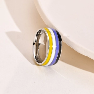 Detailed macro view of a non-binary pride flag striped stainless steel jewelry ring