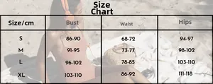 Detailed size chart for green floral ruffle swimsuit showing measurements in cm
