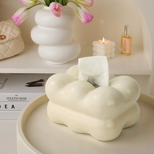 Creme-Keramik-Taschentuchbox mit Wolkenblasen-Design auf einem Dekotablett