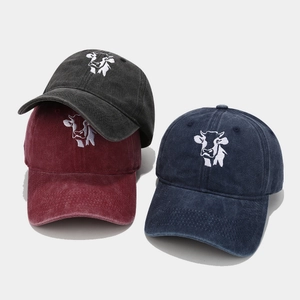 Vintage washed cotton baseball caps with cow embroidery in black, burgundy and navy colors