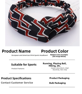 Detailed view of elastic wide headband with red black and white geometric print for sports