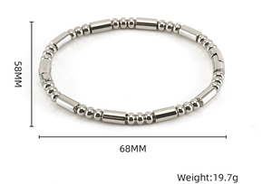 Detail view of silver beaded bamboo bracelet showing 58mm/68mm dimensions and 19.7g weight
