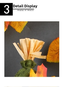 Detail view of handmade autumn dwarf ornament featuring green felt and raffia texture