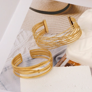 Adjustable 18k gold plated stainless steel multi-layer open cuff bracelet set for women