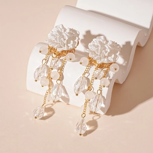 Elegant acrylic flower earrings with gold tassel chains and crystal glass beads