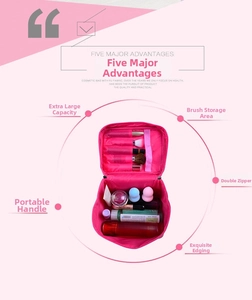 Detail showing large capacity makeup bag with brush slots and durable double zippers