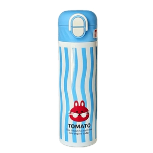 Portable cartoon thermal water bottle with straw for kids in light blue and white color