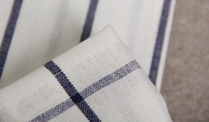 Detail shot of white and blue striped cotton napkin showing fabric texture and stitching