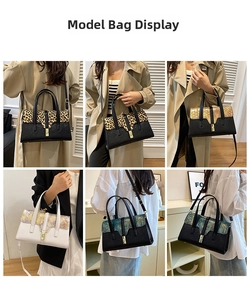 Collage of model wearing color-block crossbody handbags in leopard and snake patterns