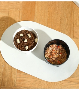 Détail de gamelles en céramique noir et blanc avec croquettes et pâtée sur tapis blanc