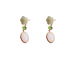 Elegant Chinese style resin jade flower earrings with green crystals and gold finish