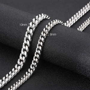 Chaînes à maillons cubains en acier argenté poli, largeurs 8 mm et 10 mm, pour homme et femme