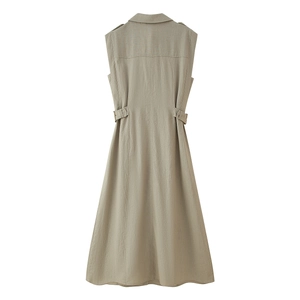 Back view of a khaki sleeveless maxi dress with a V-neck and adjustable waist buckles