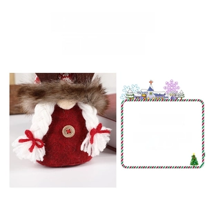 Detail of Christmas gnome with red felt body, white braids and wooden button ornament