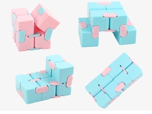 Detailed four-view of pink and blue infinity cube showing flexible folding positions