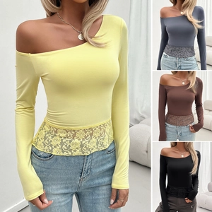 Women Off Shoulder Long Sleeve T-Shirt Slim Fit Lace Hem Patchwork Viscose Elastane Y2k Knitted Top