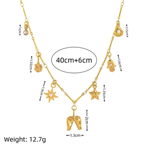 18K gold plated stainless steel necklace with sun, zircon, and mixed charms 40+6cm