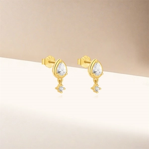 Detail shot of golden S925 sterling silver earrings with pear-cut zircon pendants