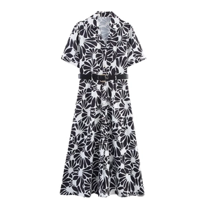 Floral print short sleeve maxi dress with shirt collar and thin belt on white background