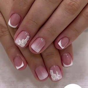 Short square white flower press-on nails with French tips and silver glitter gradient