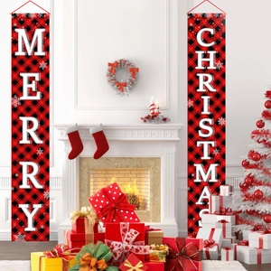 Outdoor Christmas porch banners with red buffalo plaid pattern and Merry Christmas text