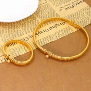 Gros plan de bracelets à ressort en acier titane doré avec fermoirs cylindriques en cristal