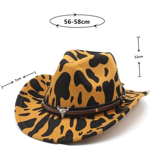 Detail view of leopard print felt hat with cow head buckle and size specifications