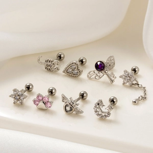 8-piece set of silver stainless steel cartilage earrings with flower and wing designs