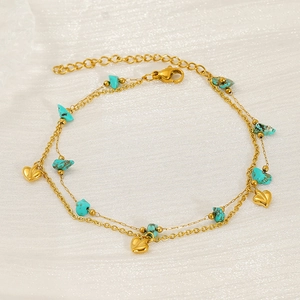 Double-layered gold titanium steel anklet with natural turquoise and heart charms