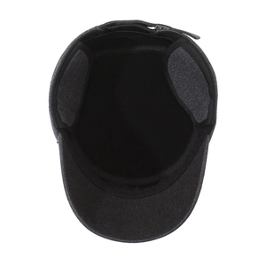 Men's winter flat top hat in dark grey with warm ear flaps and zipper detail
