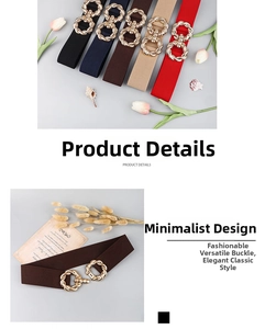 Close-up of elastic waist belt with interlocking gold braided buckle in five colors