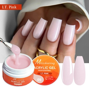 Misscheering 15g LT. Pink acrylic gel with brush applying paste to a natural nail