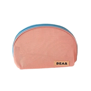 Pink mesh semi-circle makeup bag with blue trim and large capacity storage design