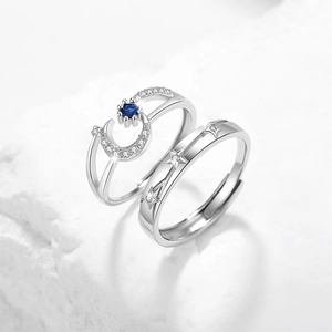 925 silver moon and star couple rings with blue zircon inlay on white rock