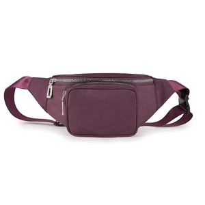Deep purple water-resistant waist bag featuring double zipper pockets and adjustable strap