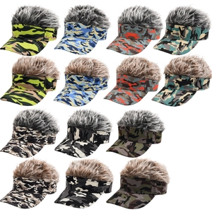 Baseball cap with fake hair wig in assorted camouflage patterns and colors for men