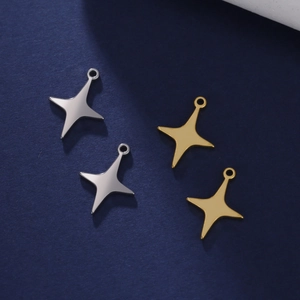 Polished stainless steel four-pointed star pendants in gold and silver for jewelry making