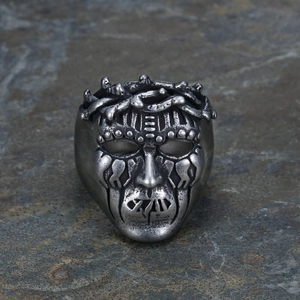 Punk style stainless steel mask ring with thorn crown design and vintage silver finish