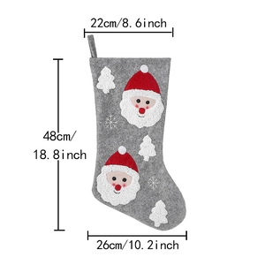 Grey felt Christmas stocking with Santa embroidery and size dimensions in white background