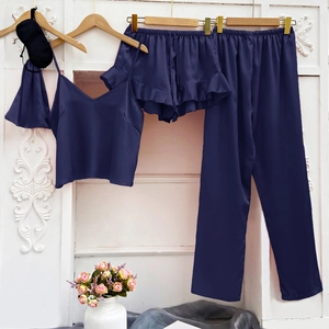 Deep blue 5-piece silk satin pajama set with camisole, pants, shorts, eye mask and bag