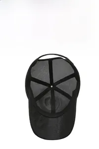 Detail view of breathable mesh lining and adjustable strap on black baseball cap