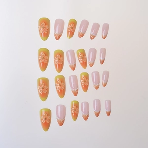 24pcs almond press-on nails with orange gradient, 3D floral relief and French white tips