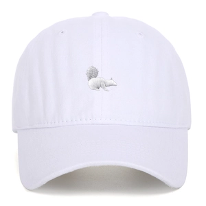 Close-up of white squirrel embroidery on a minimalist cotton baseball cap detail