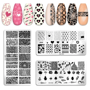 Nail art stamping plates with animal prints, hearts, and leaves patterns, models OM-H10, H03, H06