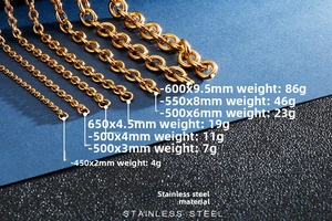 Detailed comparison of various gold stainless steel O-link chains in multiple thickness sizes