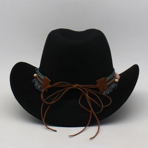 Detail of black suede cowboy hat with colorful geometric embroidery and wooden beads