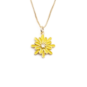 Minimalist yellow daisy pendant necklace with gold plated chain and clear gemstone center