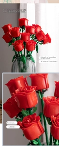 Detail of red rose building blocks in a glass vase with realistic petals and green stems